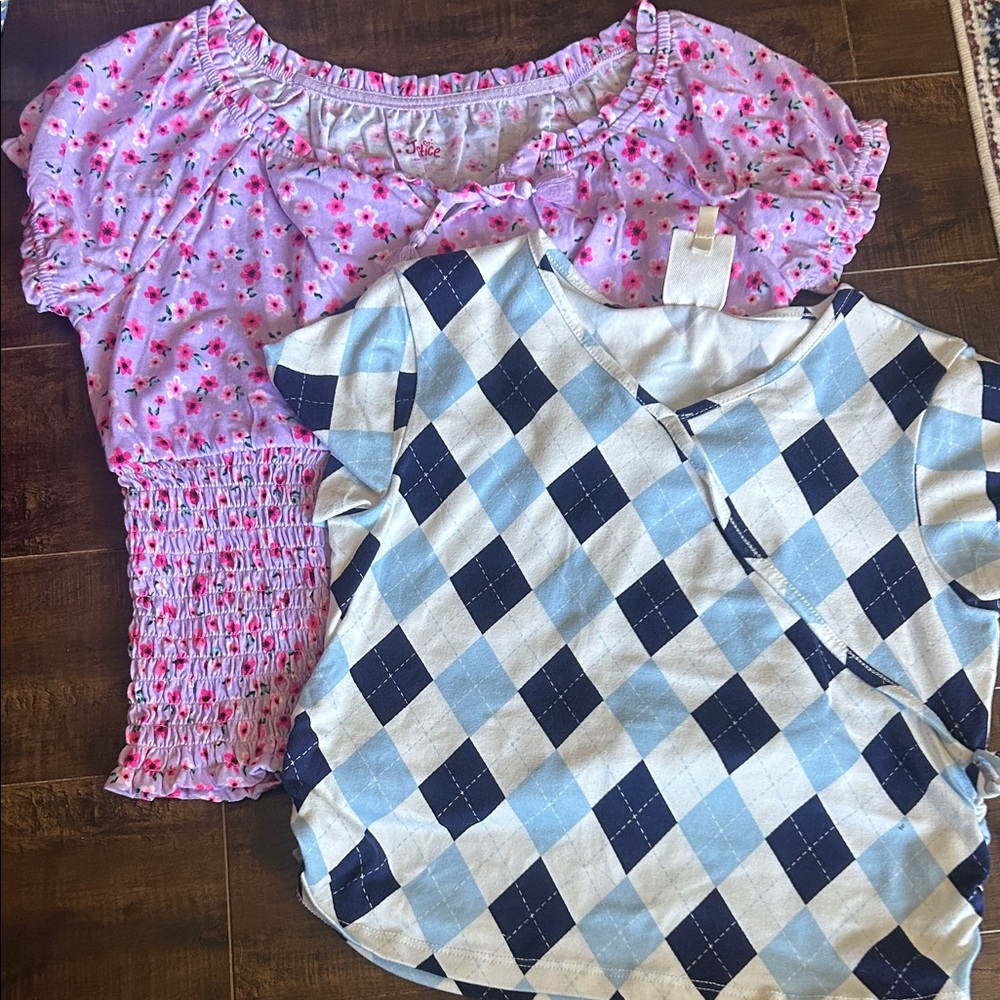 Girls Floral Smocked Pink top & Blue Argyle  Top - 2-Pack
